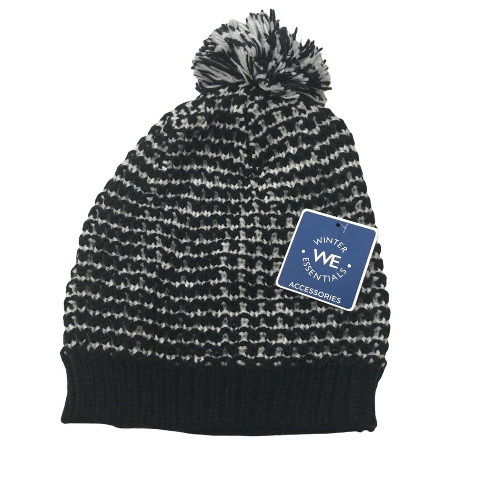 Winter Essentials Women's One Size Black/White Knit Beanie Hat With Pom New